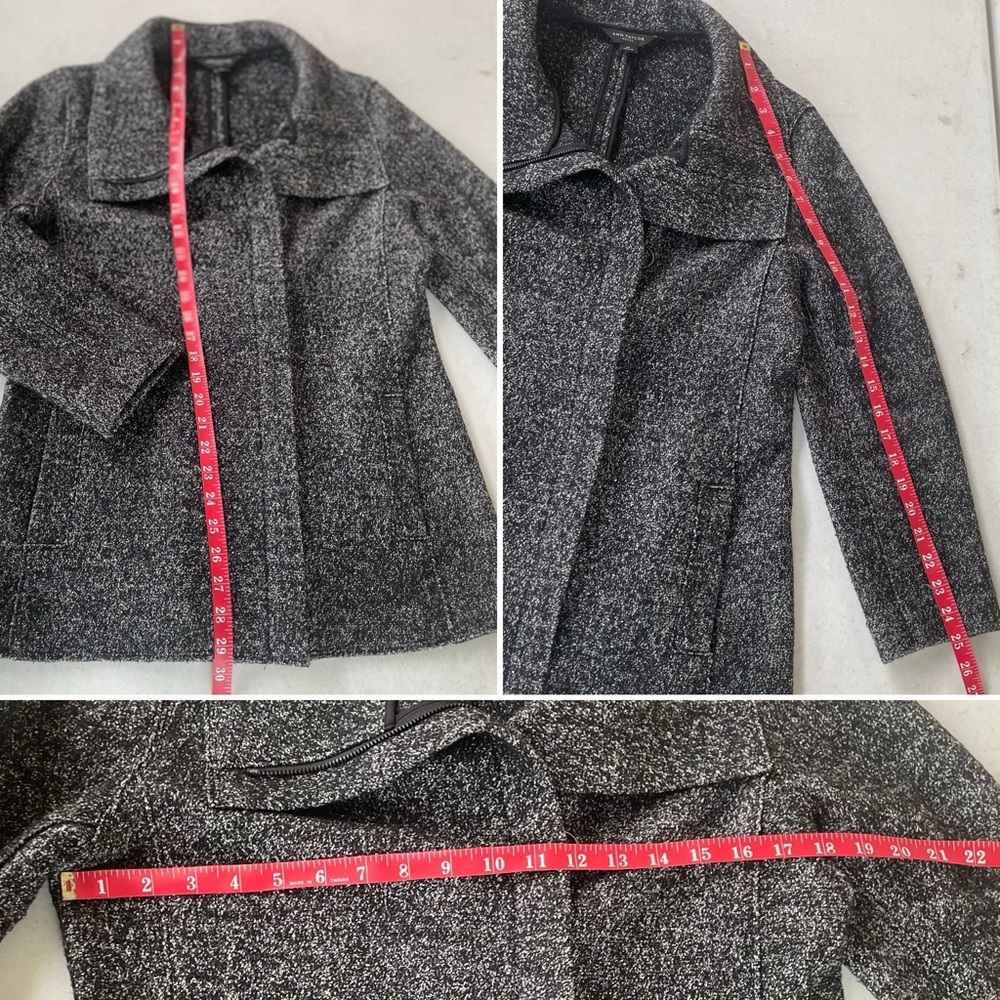 Ann Taylor Petite • Wool Blend Coat Black Gray Funnel Neck Zip Up Mid Length - Picture 8 of 10
